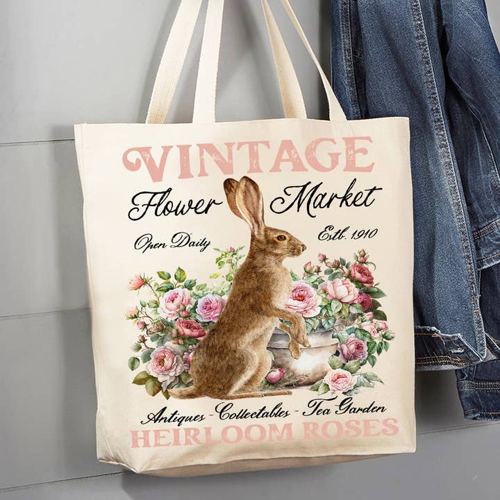 Vintage Easter Bunny Heirloom Roses Canvas Tygväska för wholesale av Avery Lane Gifts