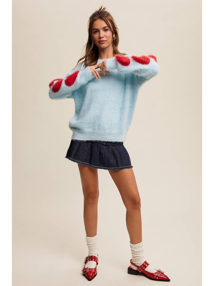 Listicle - Wholesale Knit Sweater - Women's - Fuzzy Heart-Sleeve Pullover Sweater LSW087222