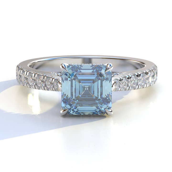 2 Carat Fancy Vivid Blue Asscher Cut Lab Grown Diamond Engagement Ring | Hidden Halo & Pave - Kay for wholesale by Mohana Jewels - Luxury