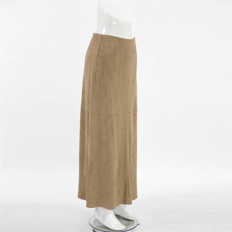KHAKI Solid High Waist Straight Suede Midi Skirt for wholesale on Faire5