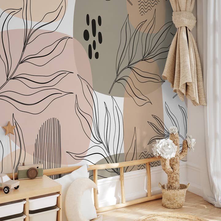 Neutral Abstrakt Blad Barnkammartapet, Kräm Beige Väggmålning för wholesale av SimurgWallArts