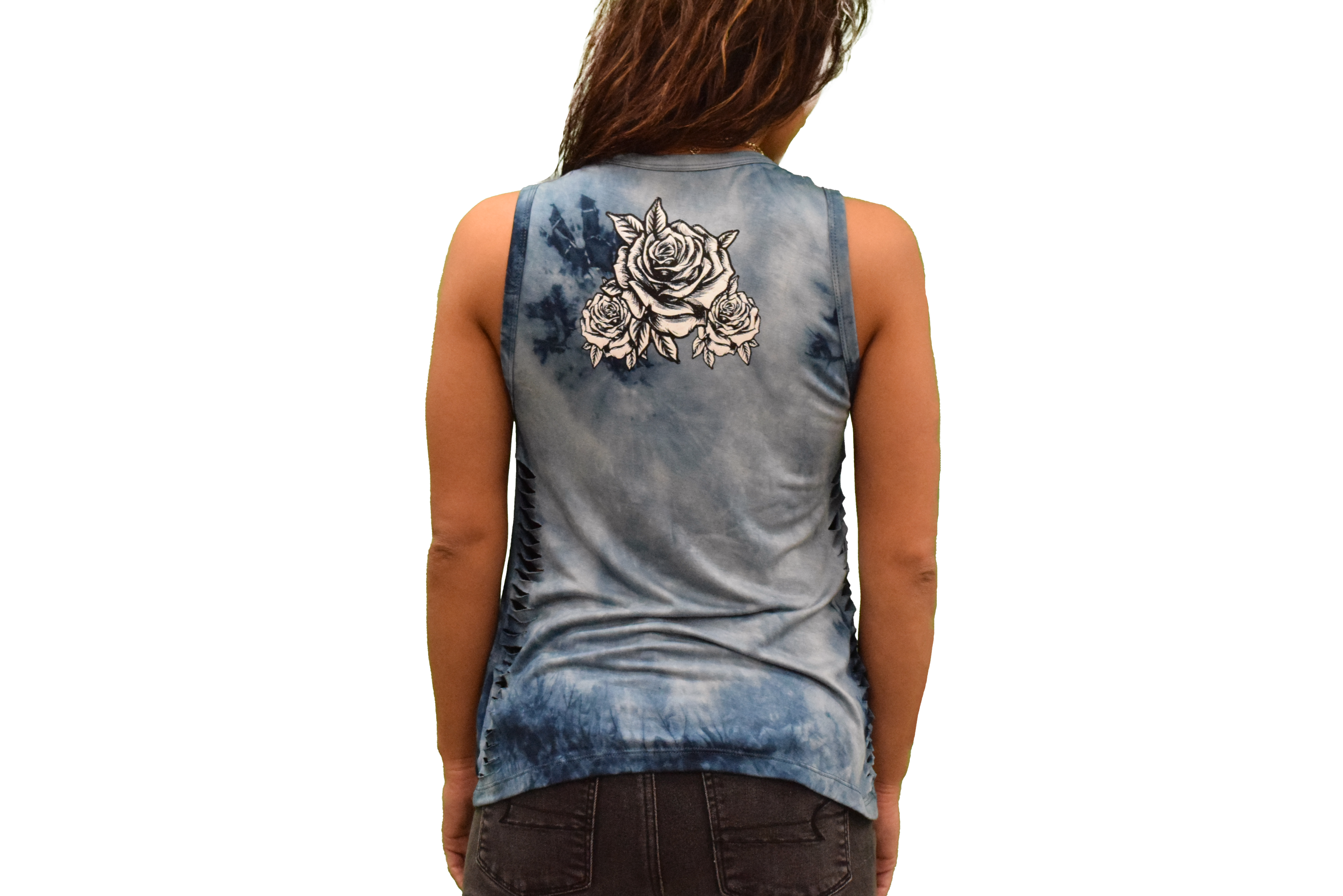 Liberty Wear Apparel - Vente Débardeur – femme - 7509 - Débardeur bleu effet minéral avec roses et ailes ornées de strass4