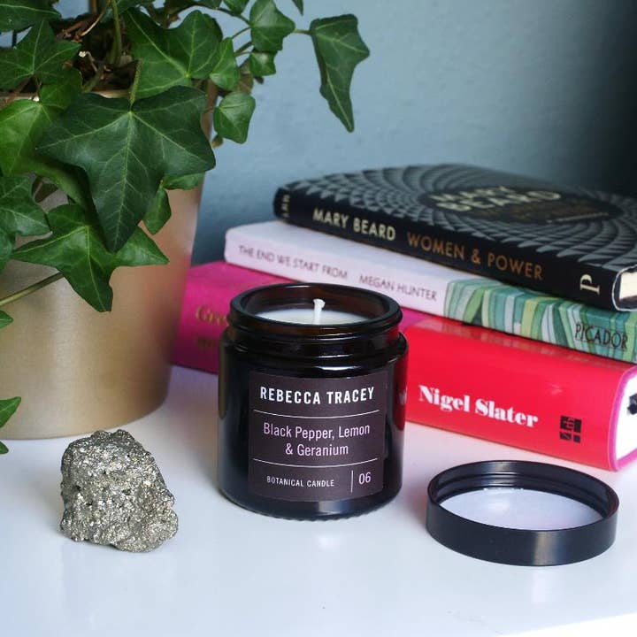 Vela de viaje de pimienta negra, limón y geranio para venta al por mayor de Rebecca Tracey