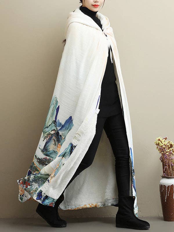 White Thickened Vintage Printed Cape Coat for wholesale on Faire3