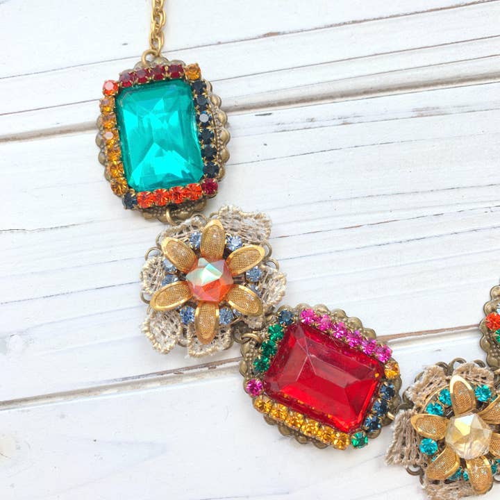 Lenora Dame - Wholesale Bib Necklace - Jewel Tone Rhinestone Bib Necklace