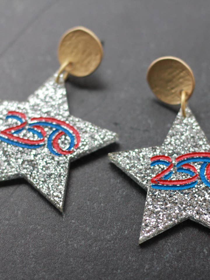 America 250 Silver Glitter Star Earrings for wholesale by Wondermint Goods