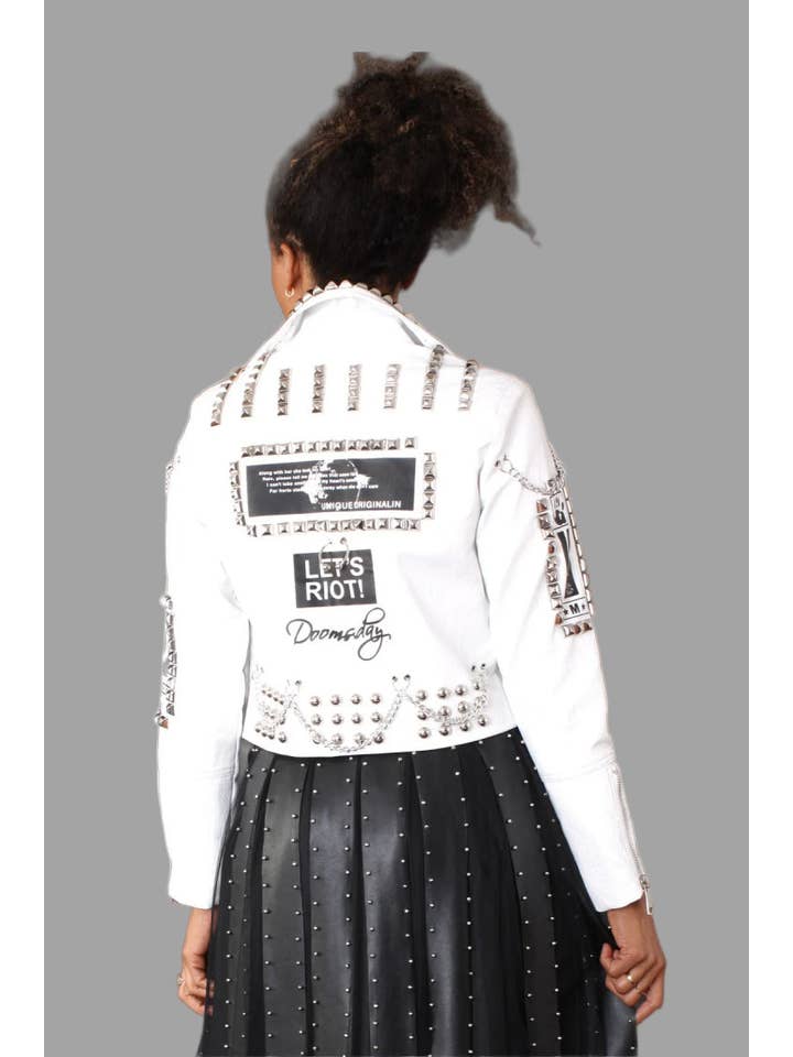 For Her NYC - Vente Veste en cuir – femme - Blouson Moto en Cuir Clouté avec Imprimés Graphiques - 817713