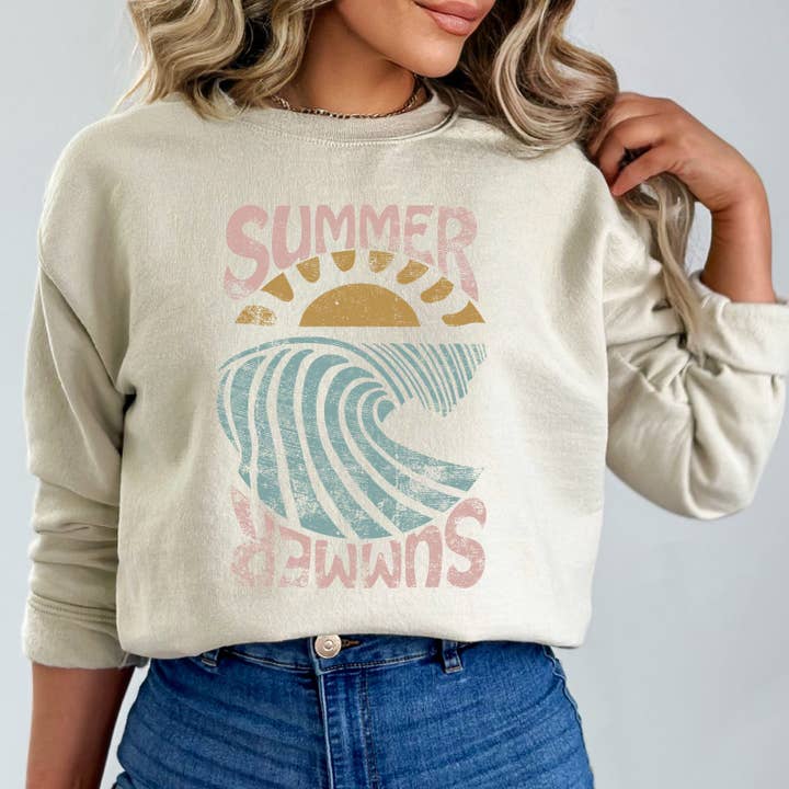 Loopty Loo Designs - Wholesale Graphic Sweatshirt - Women's - SUMMER CREWNECK SWEATSHIRT | BEACH | SIZES S-2XL