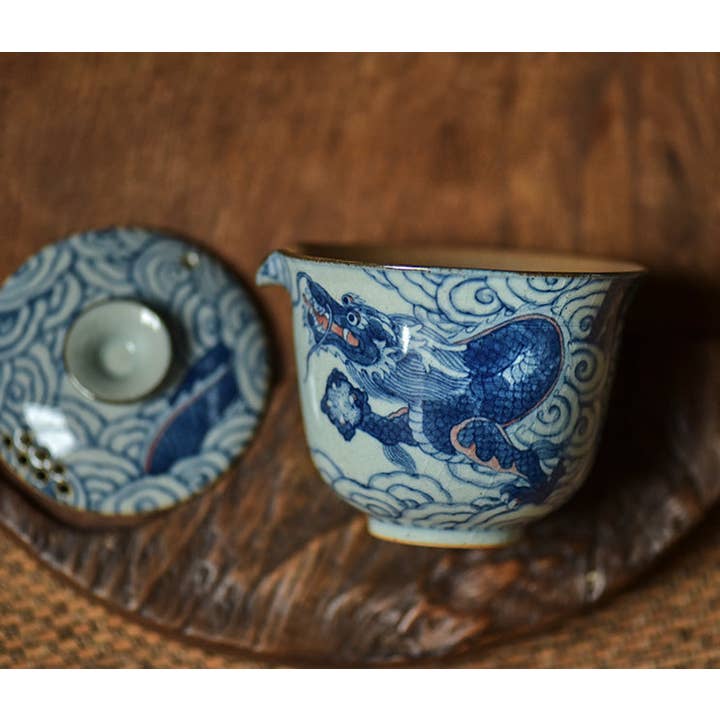 Gohobi Hand-painted Vintage Style Blue and White Dragon Gaiwan Hohin Teapot for wholesale by Gohobi (We cover U.S. import duties)