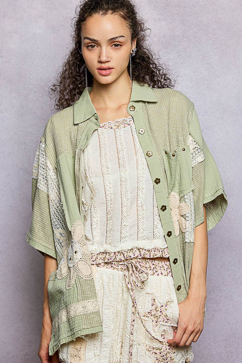 Pol Clothing - Wholesale Button Down Shirt - Women's - Collared Studded Button-down Short Sleeve Knit Shirt Top4