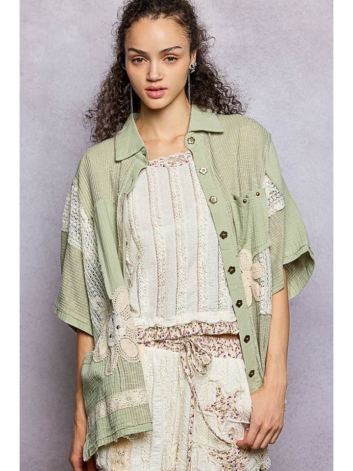 Pol Clothing - Wholesale Button Down Shirt - Women's - Collared Studded Button-down Short Sleeve Knit Shirt Top4