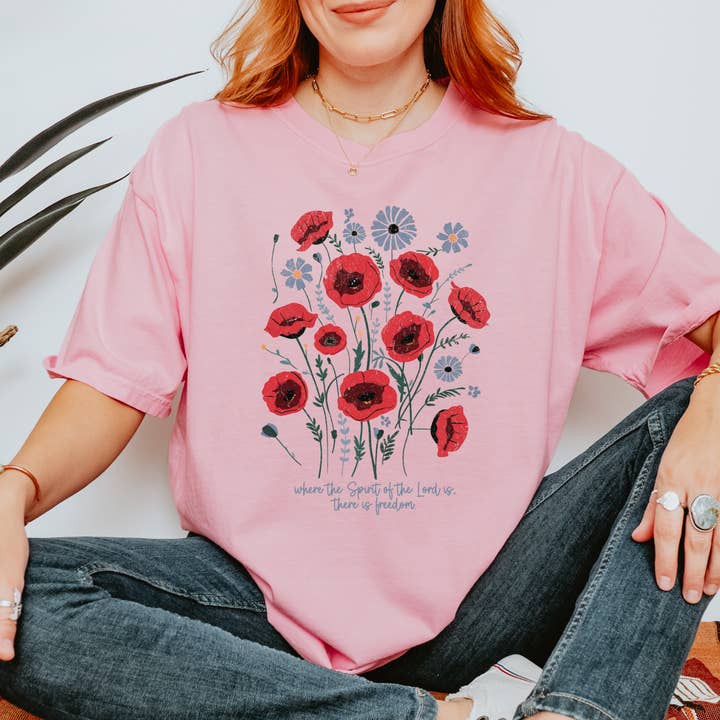 Scripted Pearl - Wholesale Screen Printed T-Shirt - Women's - There is Freedom Patriotic Floral Comfort Colors T Shirt3