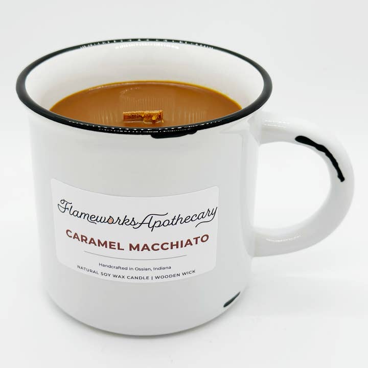 Flameworks Apothecary - Wholesale Jar/Filled Candle - Caramel Macchiato White Ceramic Mug 12 oz Candle