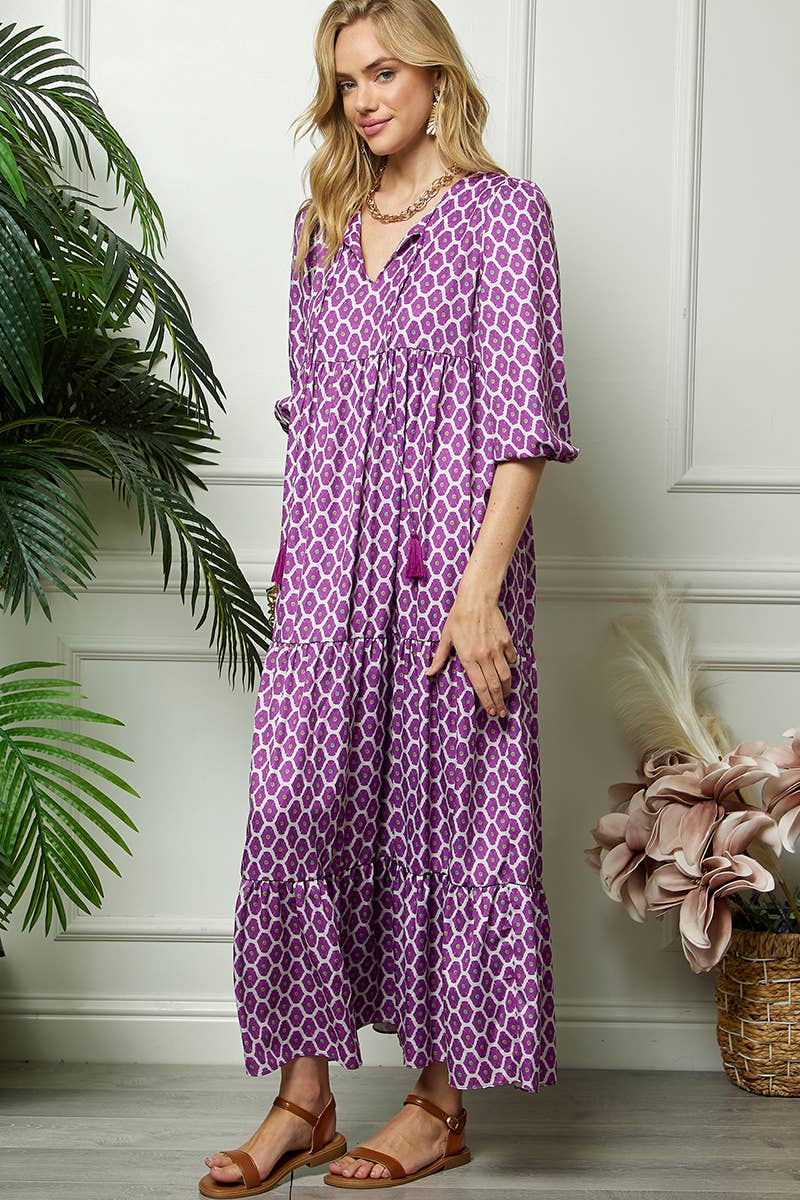 Purple Print Three Quarter Puff Sleeve Maxi Dress for wholesale on Faire10