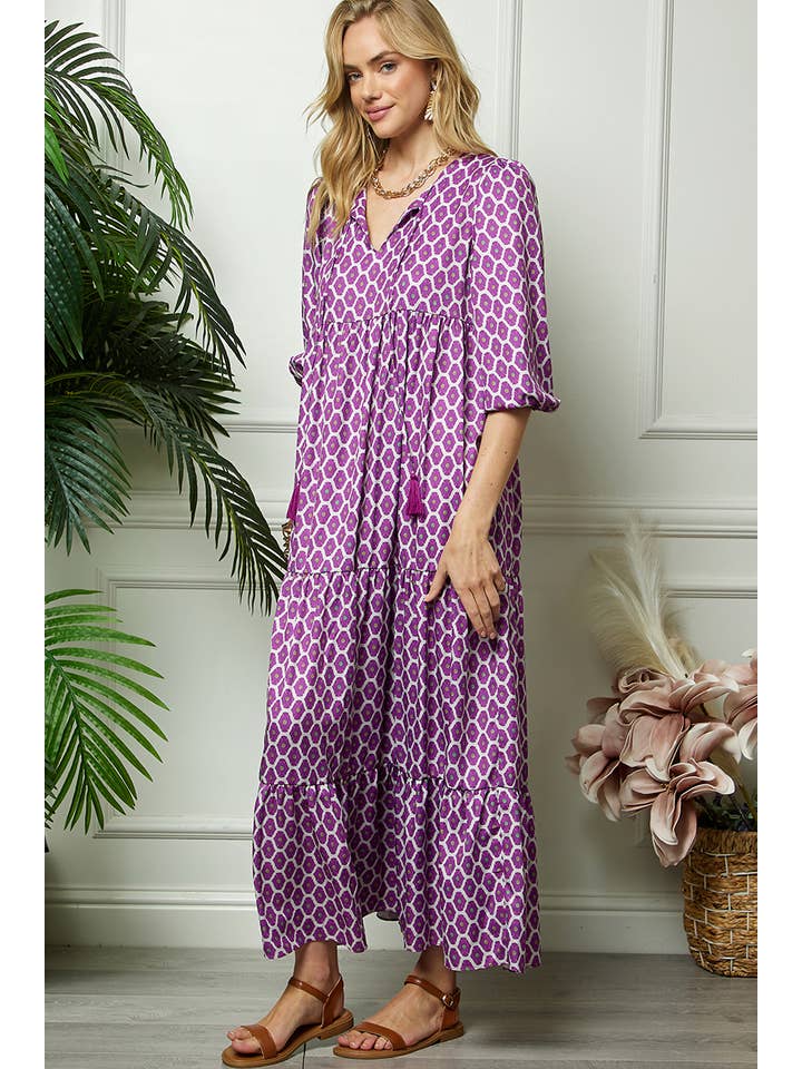 Purple Print Three Quarter Puff Sleeve Maxi Dress for wholesale on Faire10