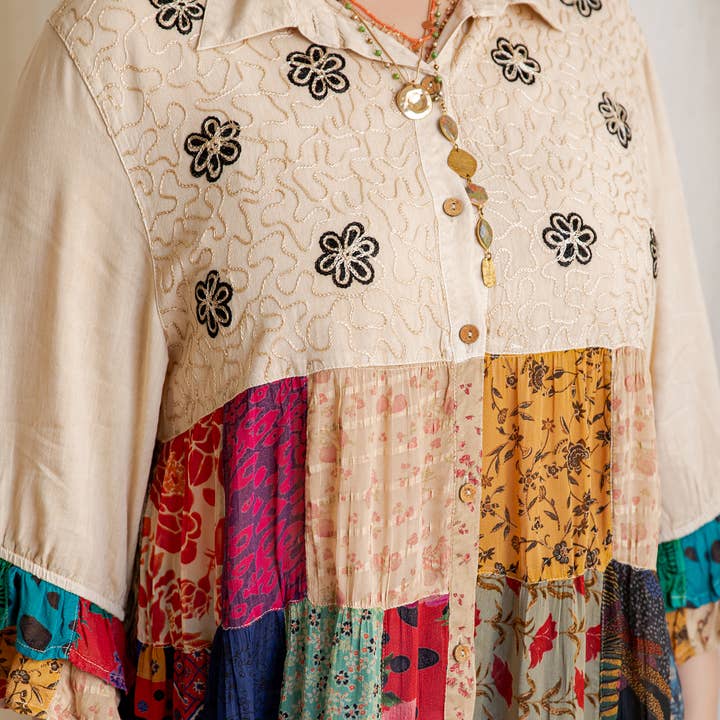 Young Threads - Wholesale Blouse - Women's - Western Denim Yoke Patchwork Tiered Tunic Top (New Color)10