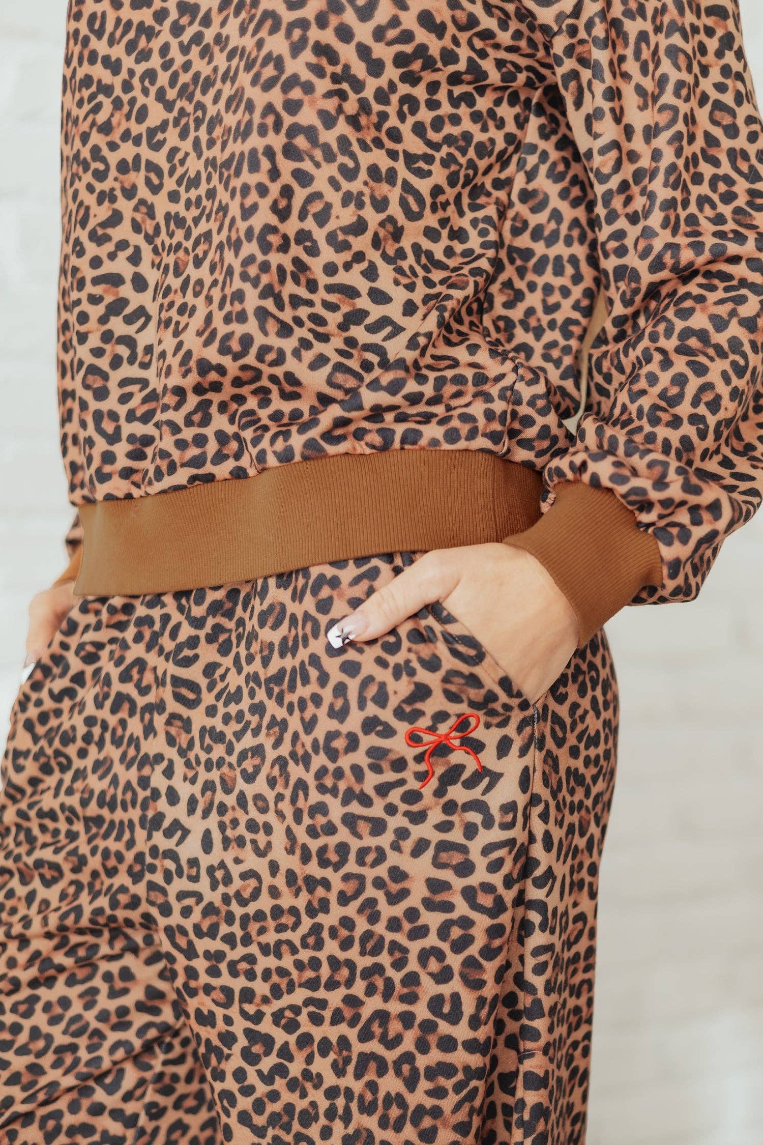 Khaki Leopard Bow Embroidered Pullover and Pants Set for wholesale on Faire4