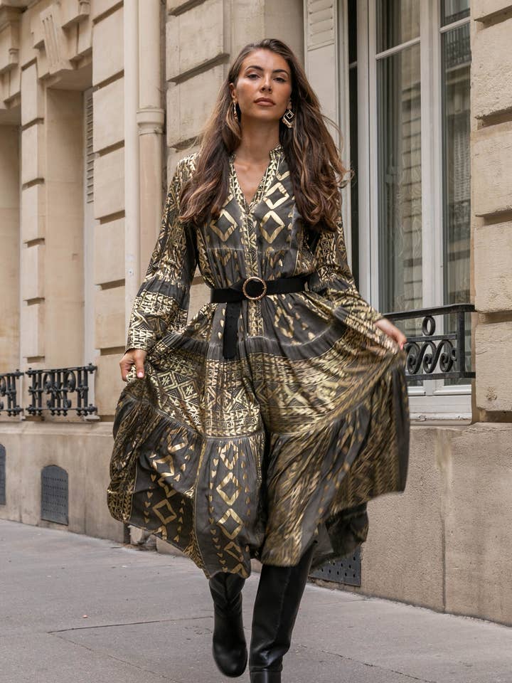 Geometric Maxi Dress with Gilding Effect, Faded Style for wholesale by last queen