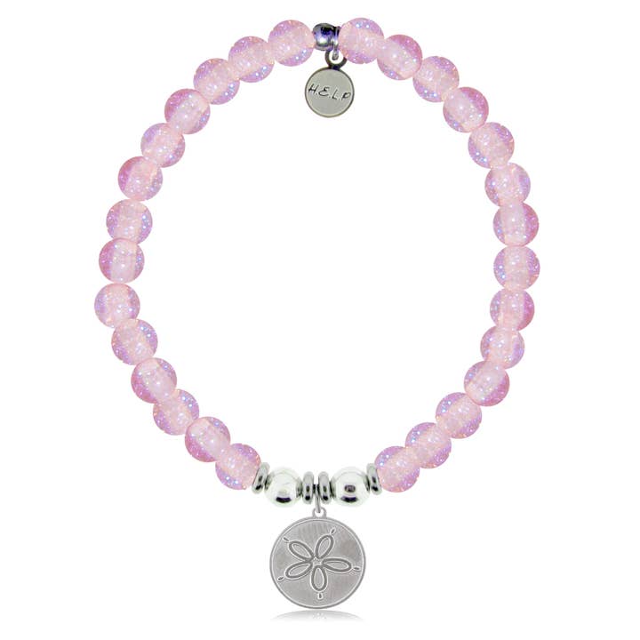 Sand Dollar Charm with Pink Glass Shimmer Charity Bracelet for wholesale by H.E.L.P