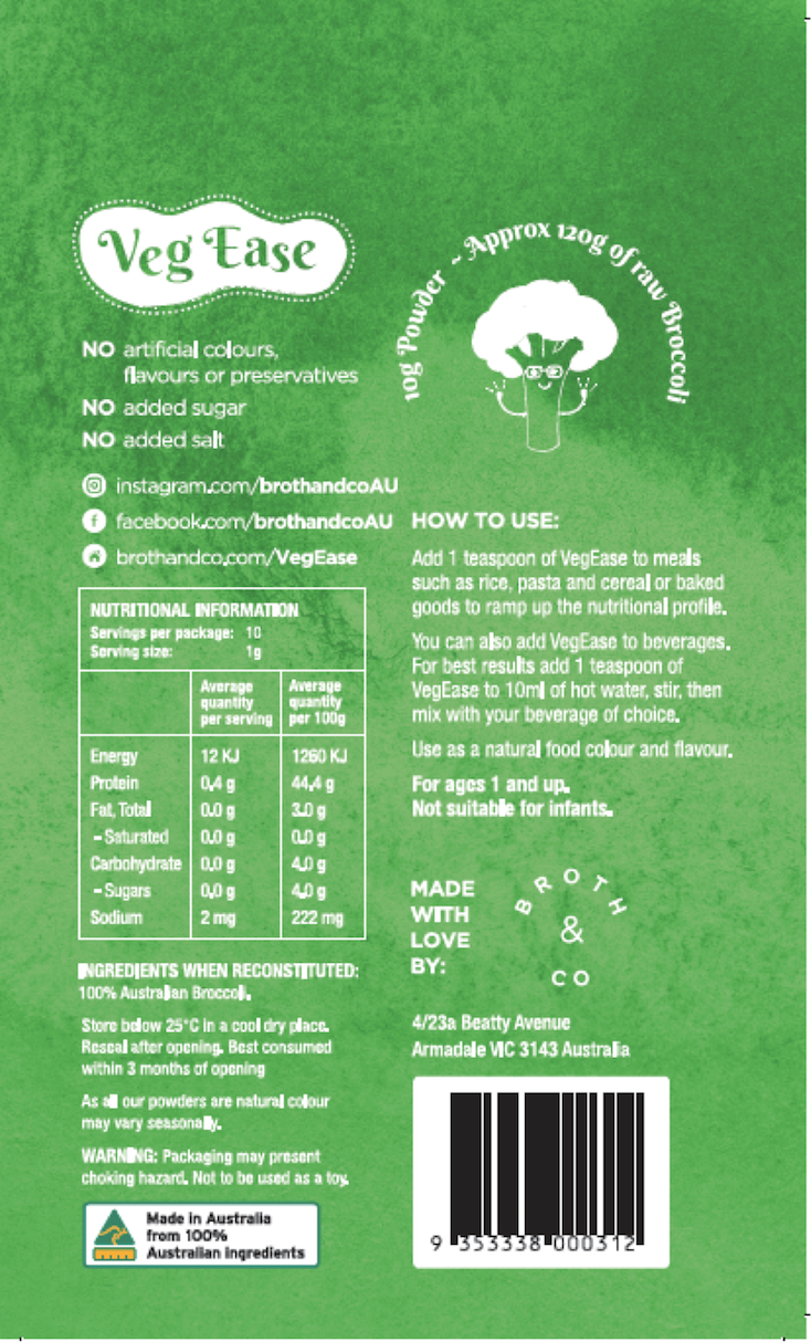 Broth And Co. - Wholesale Dried/Dehydrated Vegetables - VegEase Pure Broccoli Goodness Powder 20g ( 8 serves)1