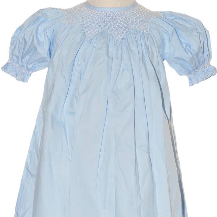 Blå Geo Smockad Med Pärlor Kortärmad Biskopsklänning för wholesale av Hello Bebes!