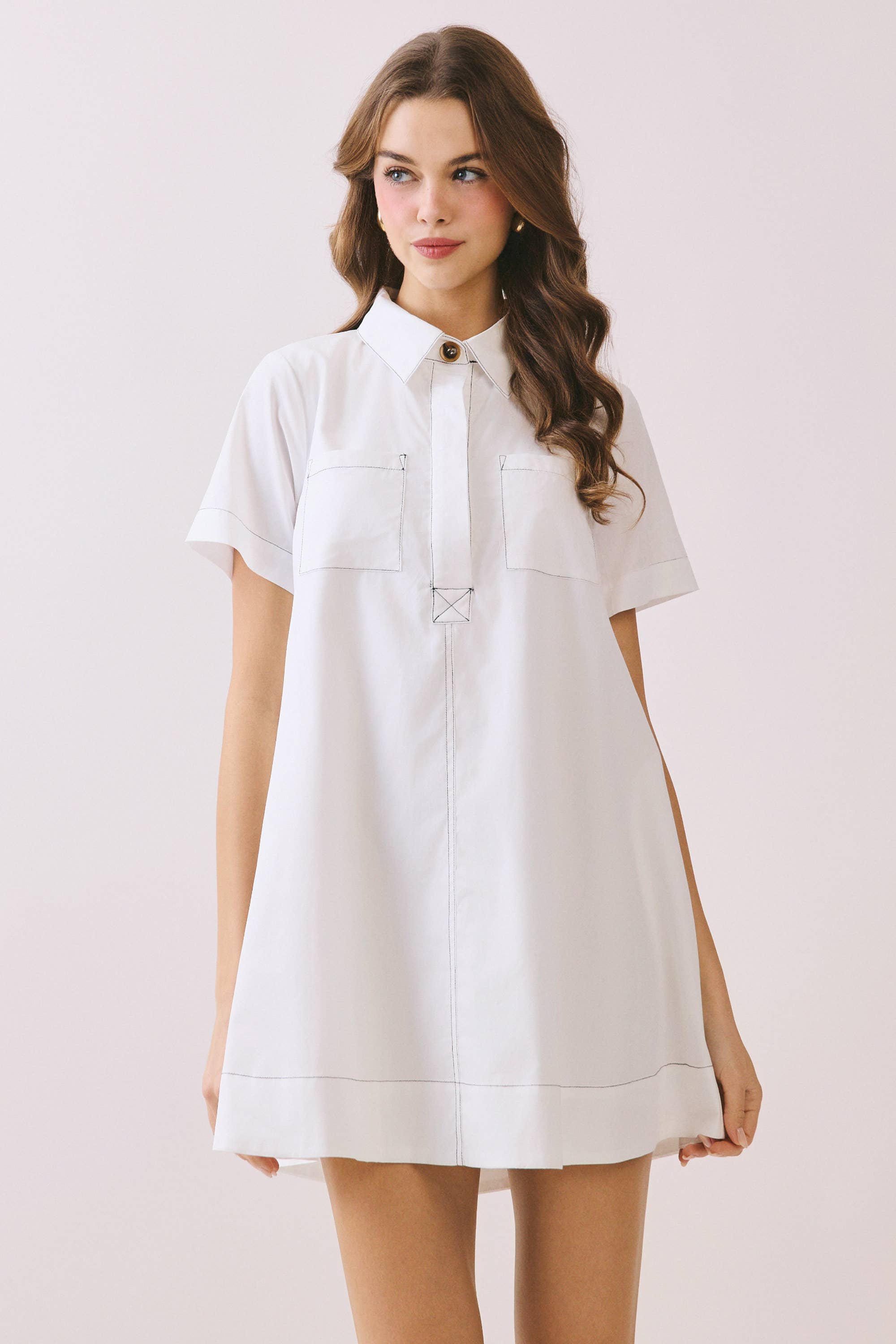 TCEC - Wholesale Dress - Women's - CD05723-Button Down Bold Contrast Stitching Shirt Dress5