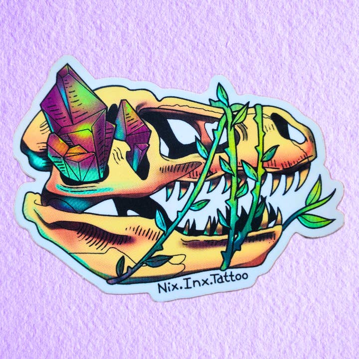 Holographic Dinosaur Skull w/ Vines & Crystals Vinyl Sticker for wholesale by Owlybear Art