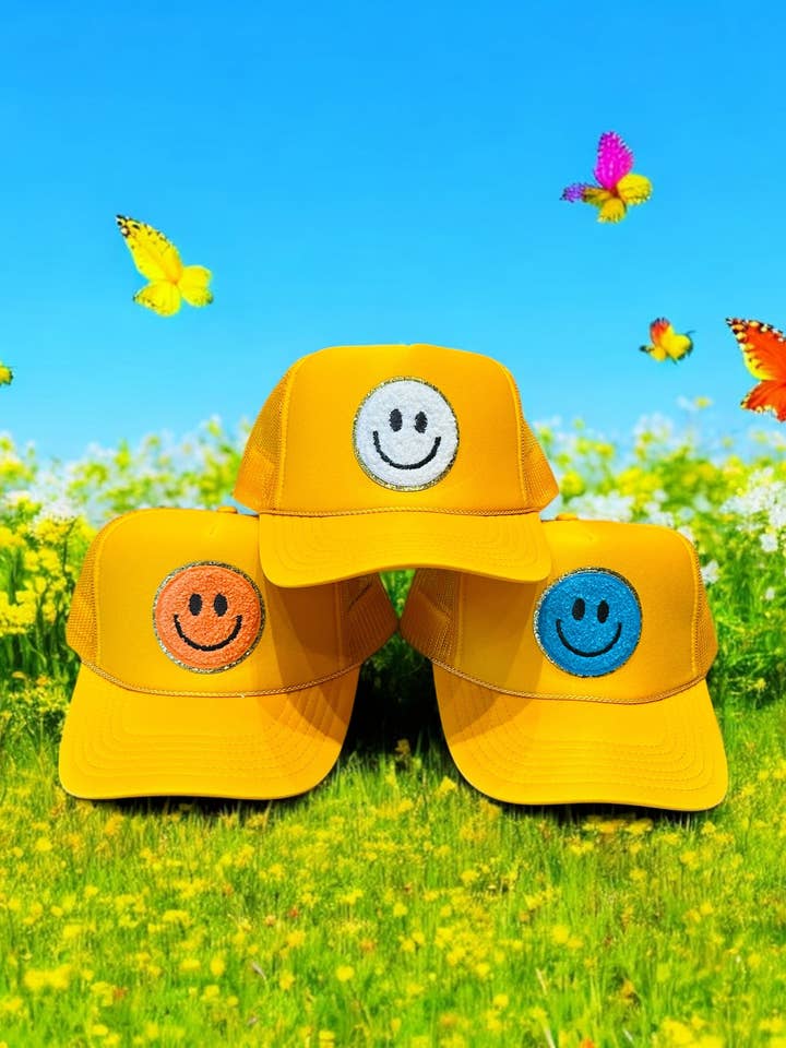 Smiley Face Yellow Trucker Hats for wholesale by Après Babe