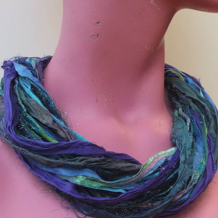 Megan Crook Textiles – wholesale Scarf – Women's – Silk Yarn Necklace in Turquoise & Purple