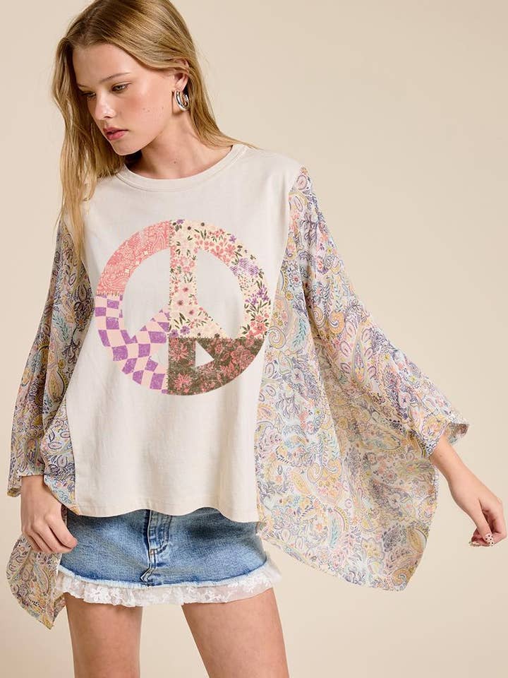 Boho Peace Floral Vintage Graphic Boho Contrast Poncho Top for wholesale by Zutter
