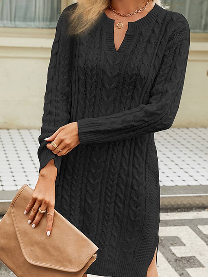 Lily Clothing - Wholesale Dress - Women's - LONG SLEEVE V NECK TWO SIDE SLIT SWEATER DRESS_CWDSD16965