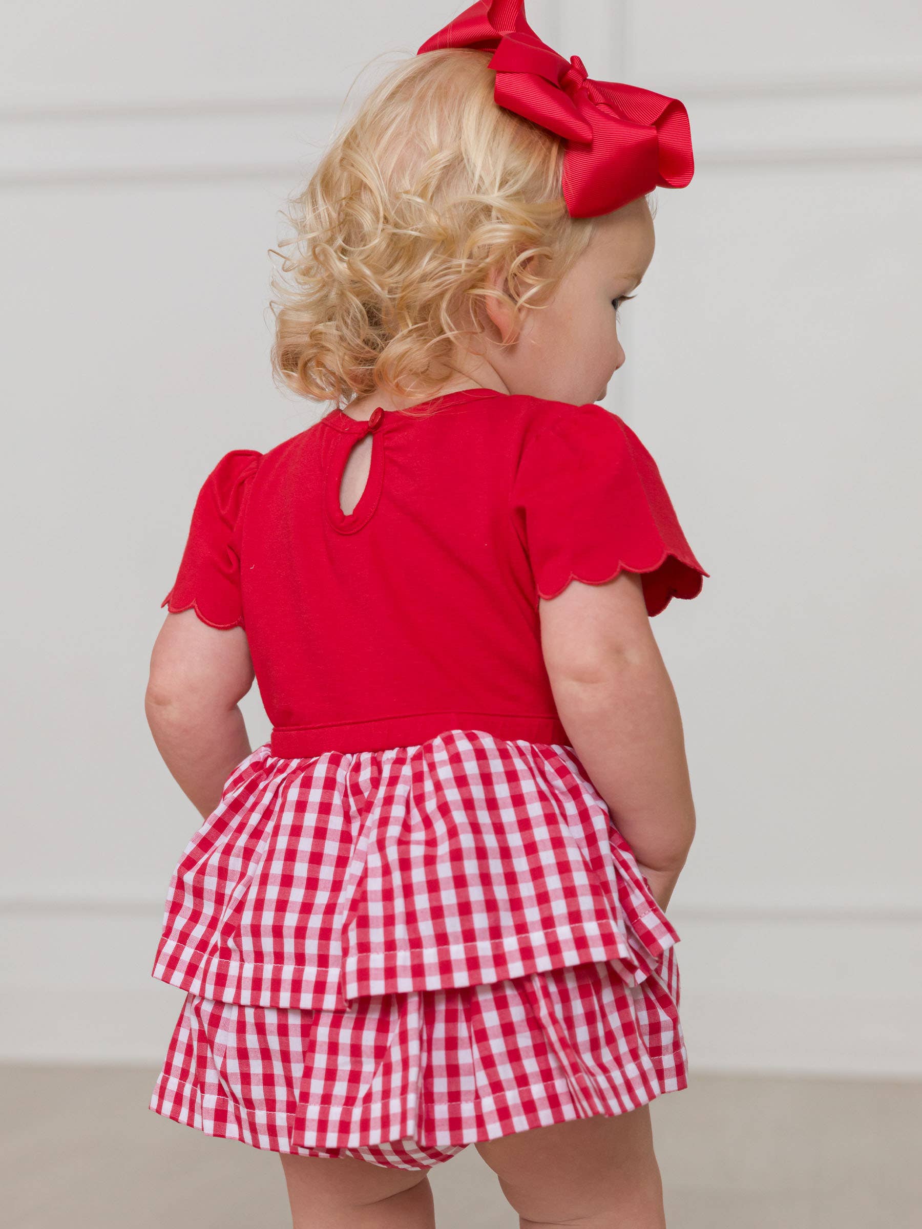 Baby Girls Classic Red Gingham Short Sleeve Skirted Romper for wholesale on Faire2