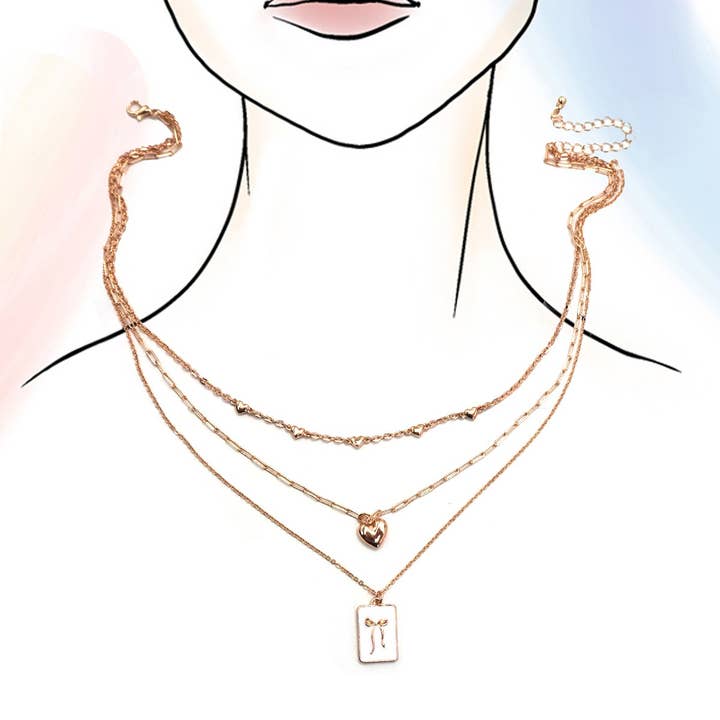 GOLD SQUARE BOW EPOXY CHARM LAYERED NECKLACE | 80N91936 for wholesale on Faire3