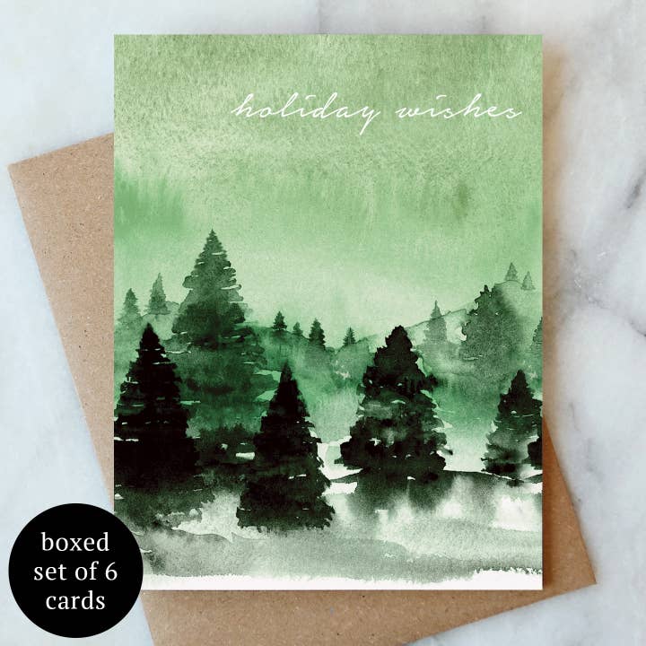 Cartão Green Wishes Forest Saudações Férias - Conjunto de 6 por atacado de Abigail Jayne Design