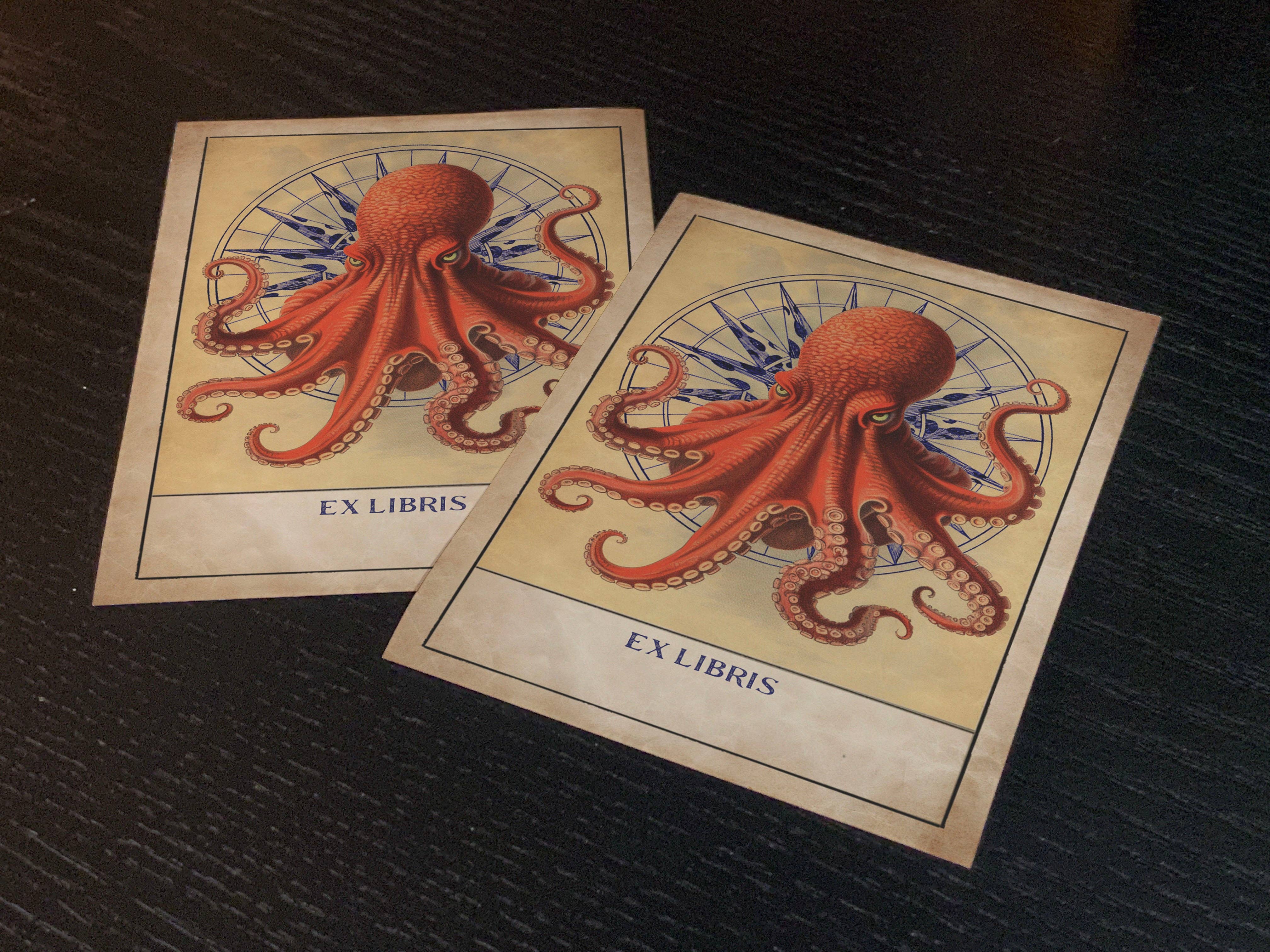 Ebon et Noir LLC - Wholesale Book Plate - Red Octopus, Gummed Paper Ex-Libris Bookplates2