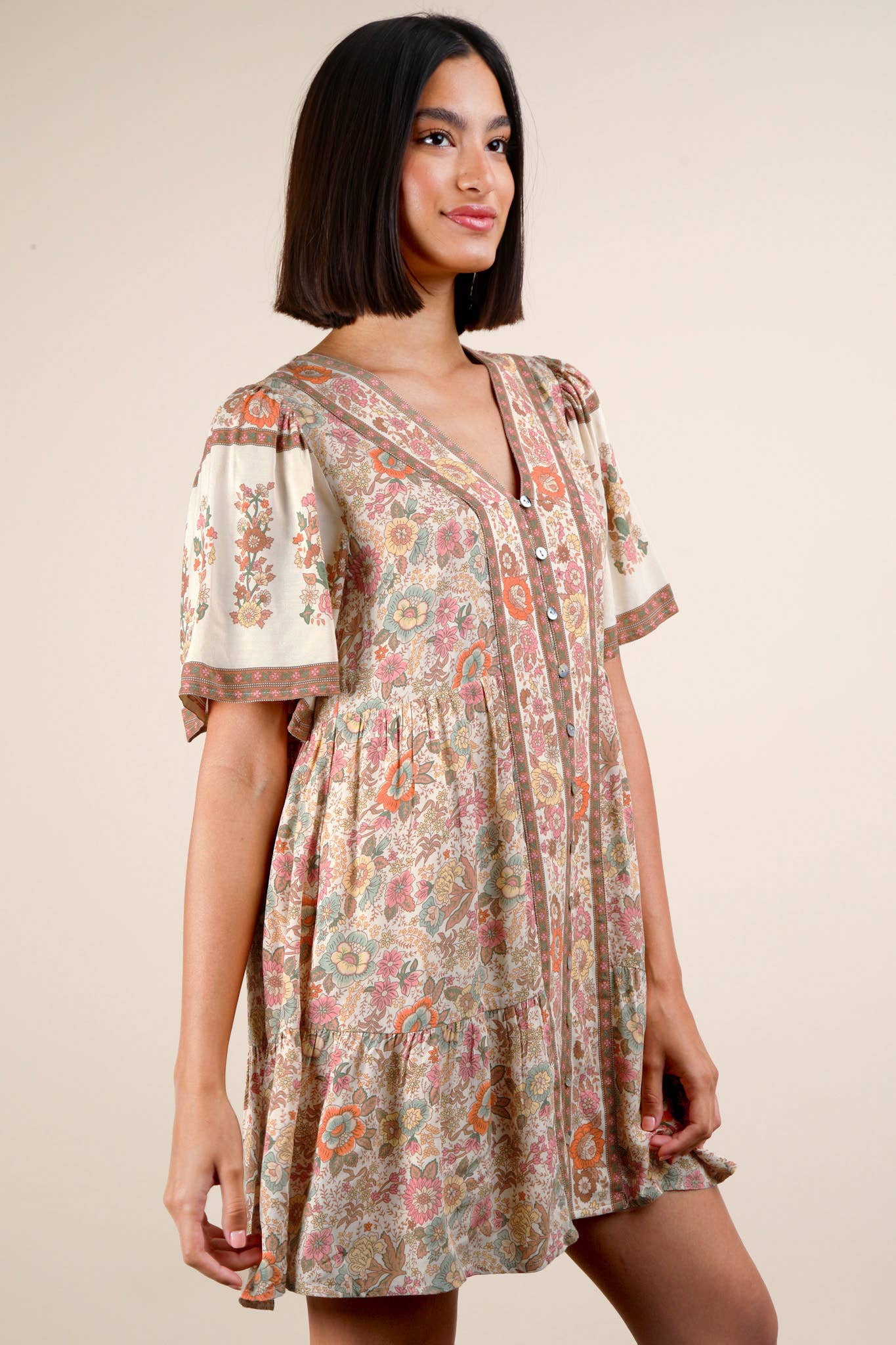 VERY J - Wholesale Dress - Women's - ND31637-Shirring Detail Printed Woven Mini Dress14