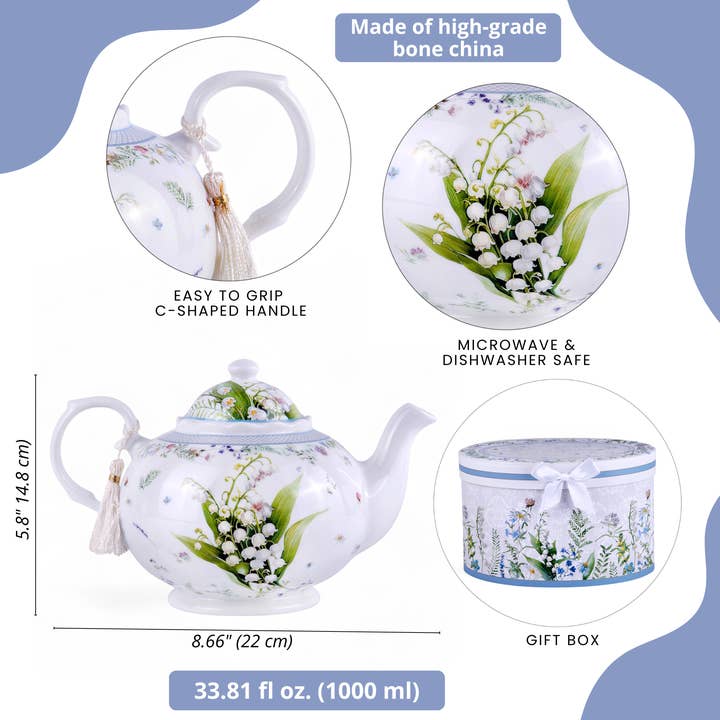 STP - Wholesale Tea Pot - Lily of the Valley Bone China Teapot in Gift Box