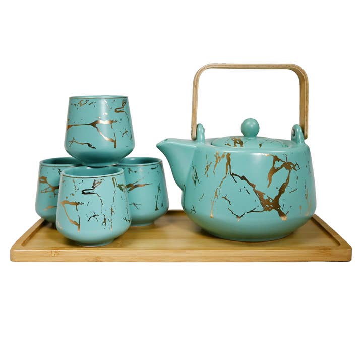 TEA SET – TURQUOISE WITH GOLD MARBLE VEINING for wholesale by Fuji Merchandise Corporation