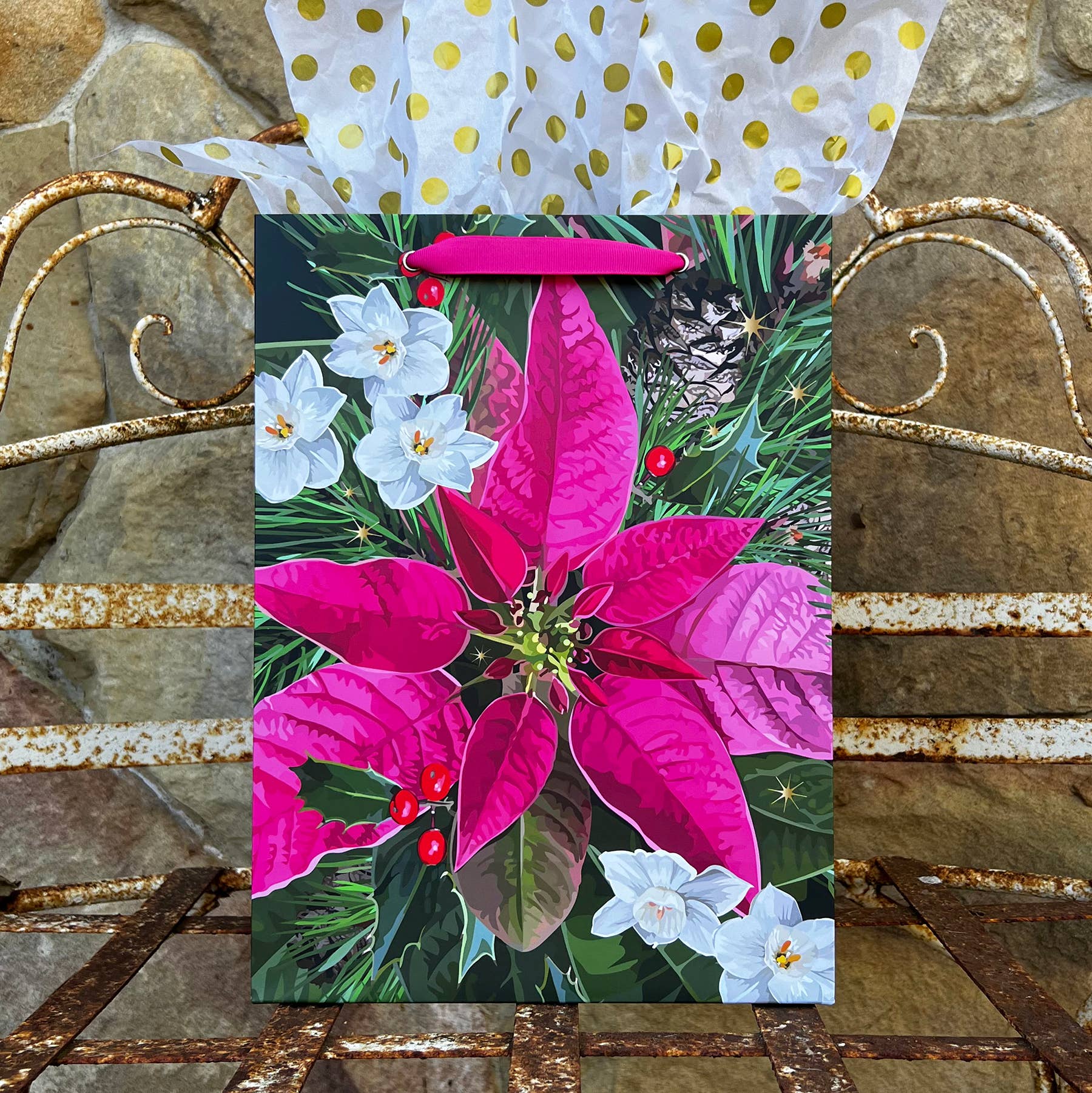 The Red Barn Press - Wholesale Gift Bag - LARGE Christmas Paper Gift Bags | Holiday Poinsettias1