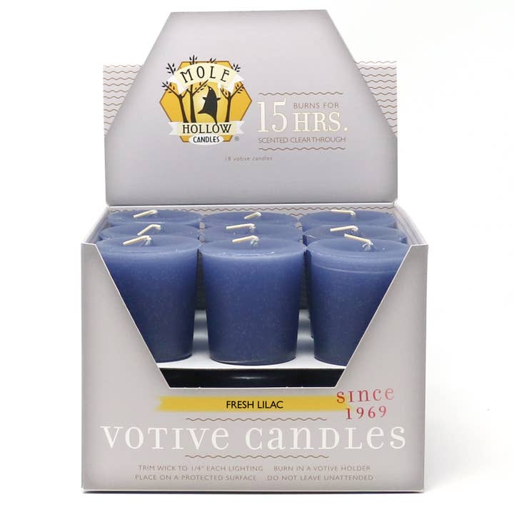 Mole Hollow Candles - Wholesale Votive Candle - Fresh Lilac Scented Votive Candles, Box of 18
