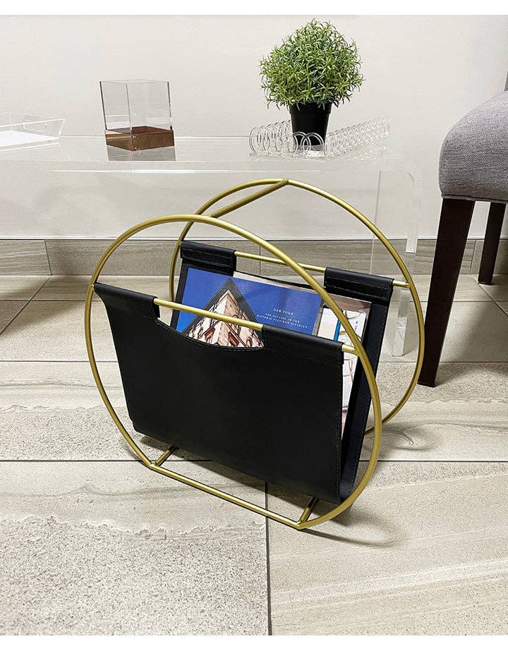 DesignStyles Home - Wholesale Magazine Rack - Becki Owens Gold-Colored Metal and Leather Magazine Holder1