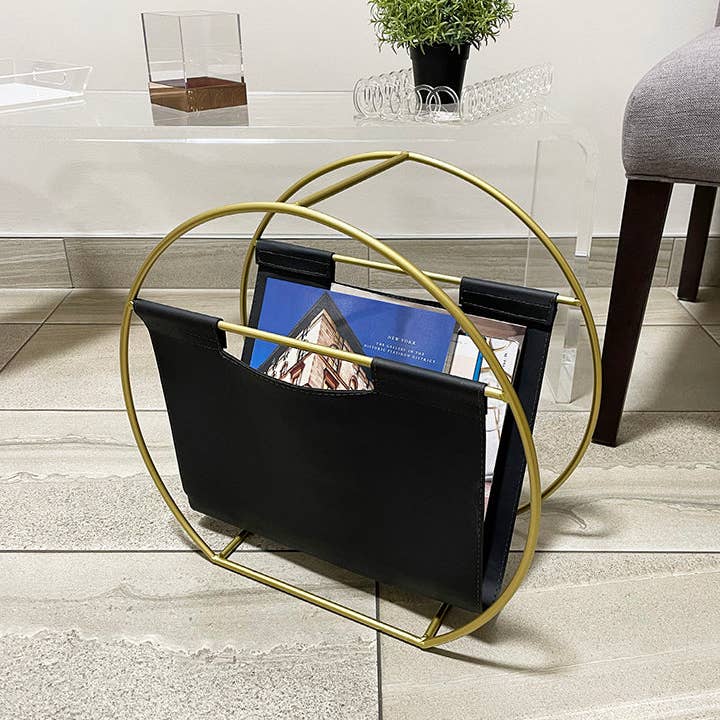DesignStyles Home - Wholesale Magazine Rack - Becki Owens Gold-Colored Metal and Leather Magazine Holder1