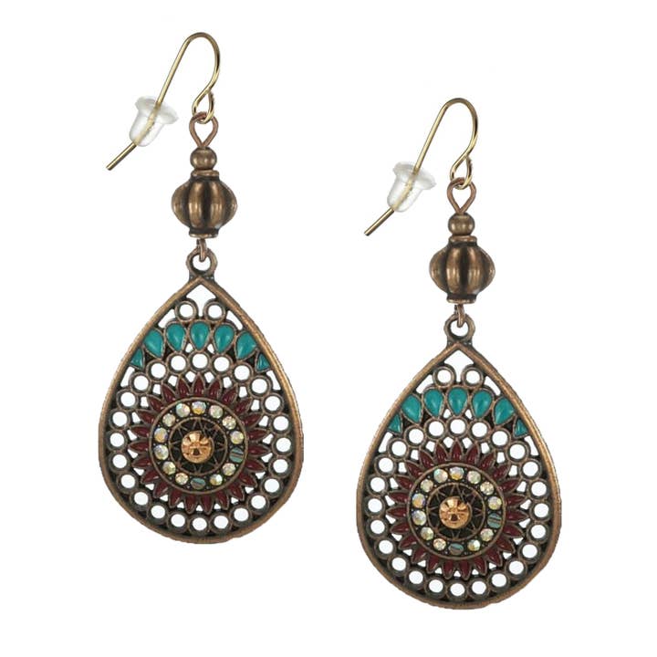 Colorful Ethnic Vintage Copper Teardrop Boho Handmade Statement Dangle Earrings, Nickel Free 18K Gold Earwires – Gift for Her for wholesale by Jewelry by Dawn