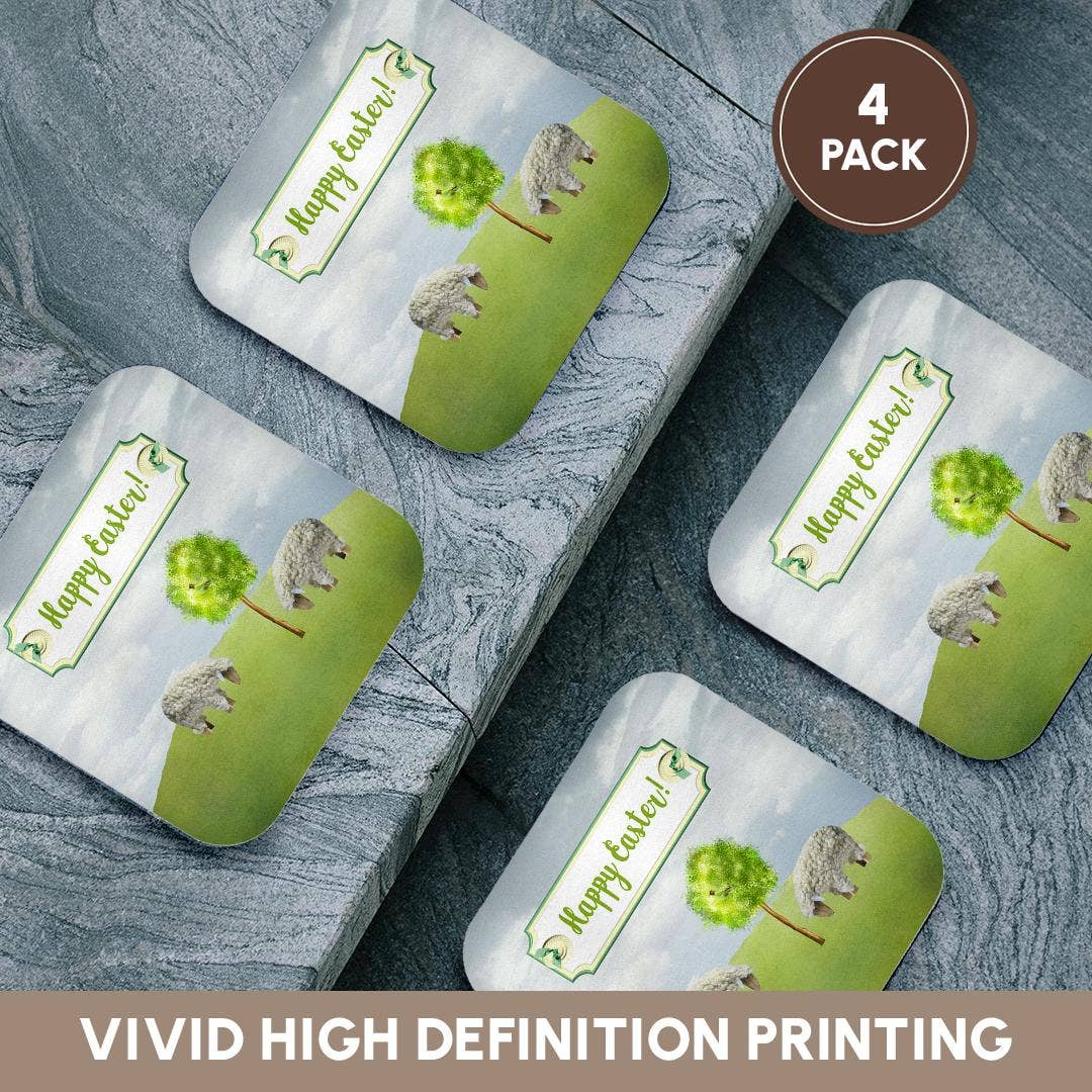 3dRose - Wholesale Coasters - 3dRose, Sheep Eating Grass, Tree with Bird, Happy Easter on Button Tag, Coaster12