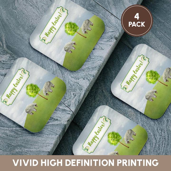 3dRose - Wholesale Coasters - 3dRose, Sheep Eating Grass, Tree with Bird, Happy Easter on Button Tag, Coaster12