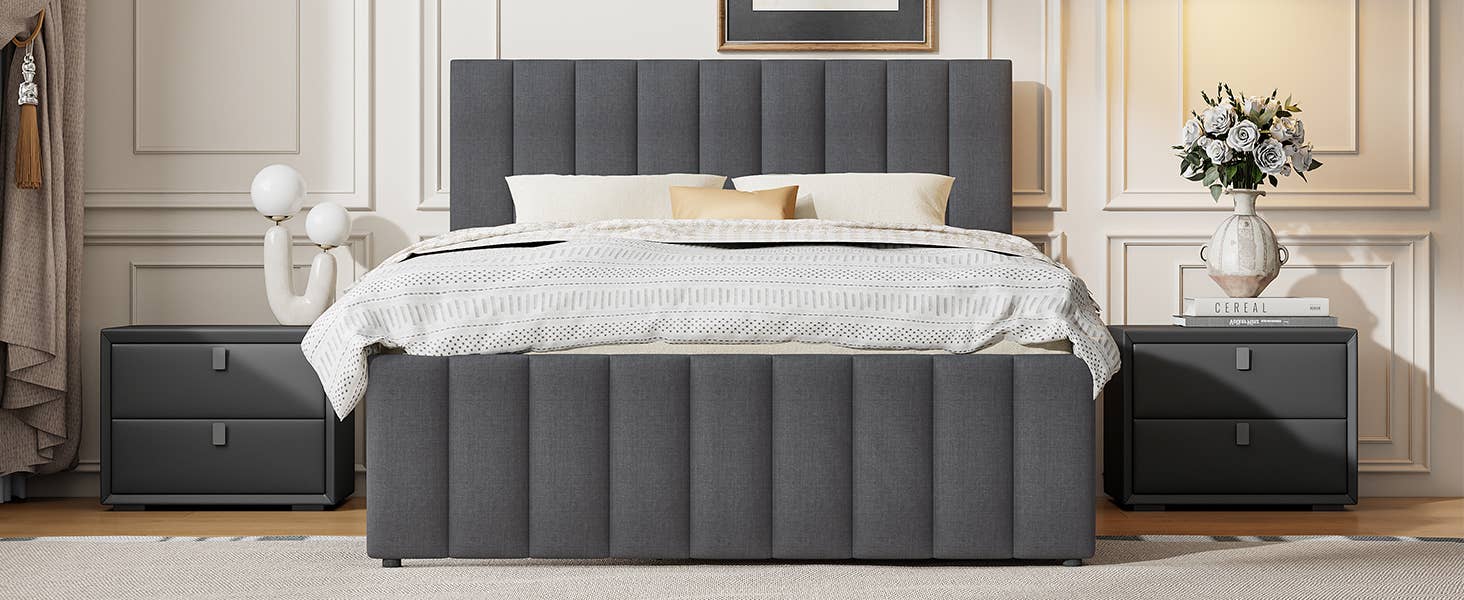 Gray Upholstered Platform Bed with Trundle & 3 Drawers, Linen for wholesale on Faire12