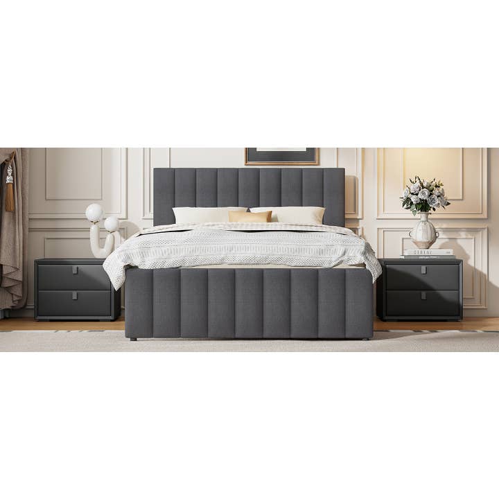 Gray Upholstered Platform Bed with Trundle & 3 Drawers, Linen for wholesale on Faire12