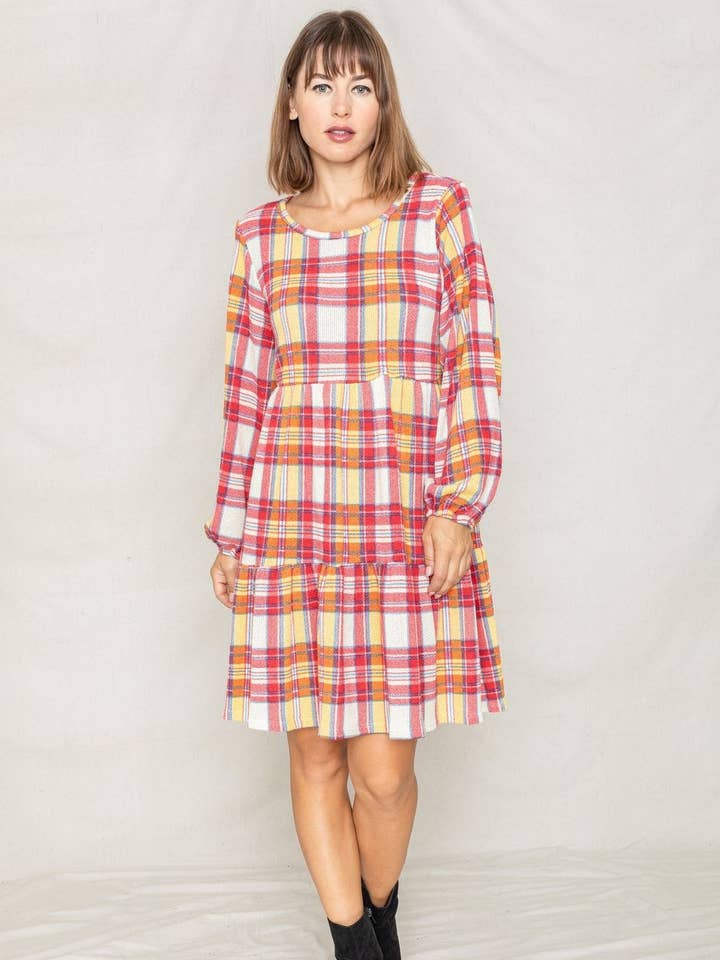 Geruite midi-jurk met ballonmouwen voor wholesale door EG fashion