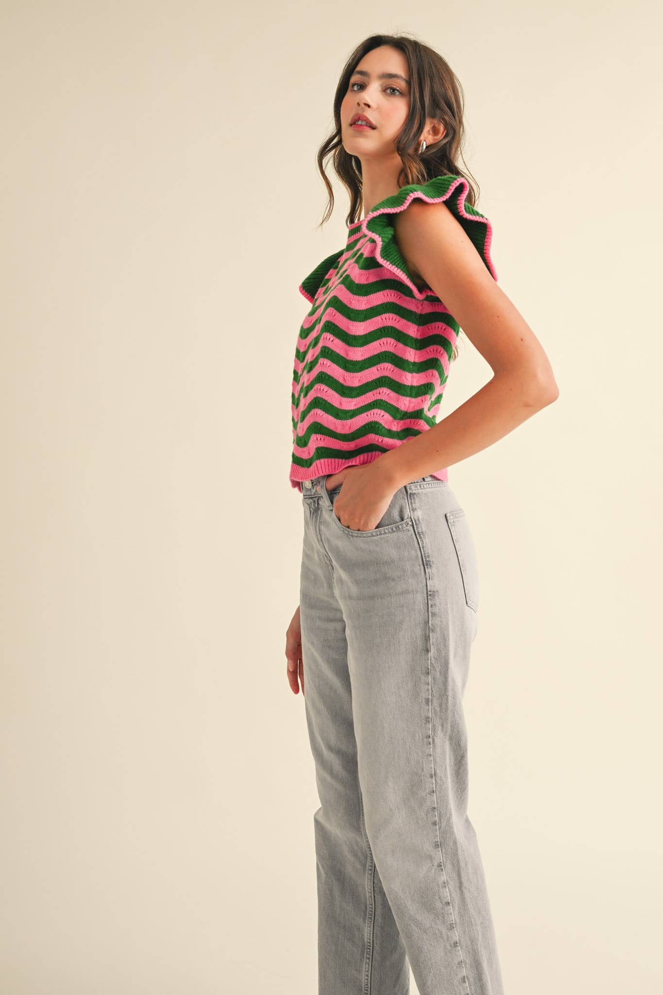 &MERCI - Wholesale Knit Sweater - Women's - WAVY STRIPES FLUTTER SLEEVE SWEATER TOP MSW1050937