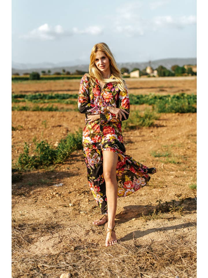 Miss Kitsch – Vestido - Mulher por atacado – Vestido longo boho de algodão preto com flores, vestido camisa, vestido maxi, vestido floral feminino, modelo Mallorca5